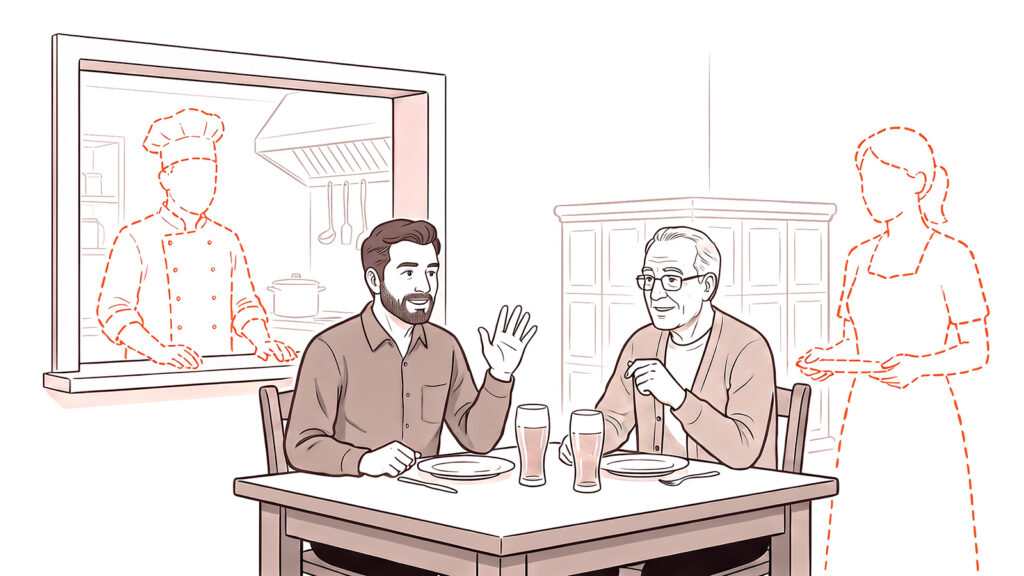 Illustration: Zwei Männer am Wirtshaustisch, Koch und Bedienung sind nur als gestrichelte Umrisse zu sehen
