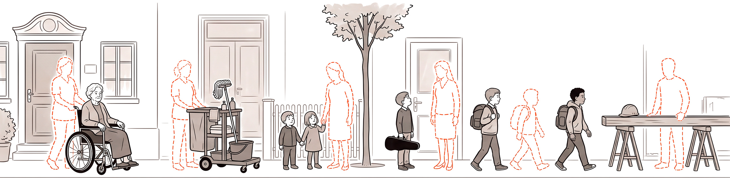 Illustration: Alltag in Aichach mit Pflege, Reinigung, Kita, Schule und Handwerk – viele Menschen sind nur als gestrichelte Umrisse zu sehen